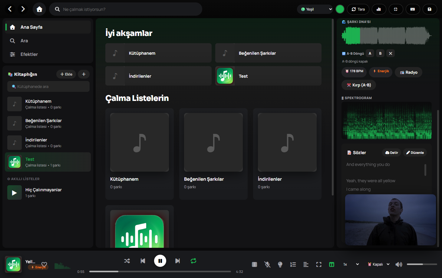 Just Music Premium ana sayfası — çalma listesi kartları görünürken kalıcı mini video oynatıcı köşede çalmaya devam ediyor